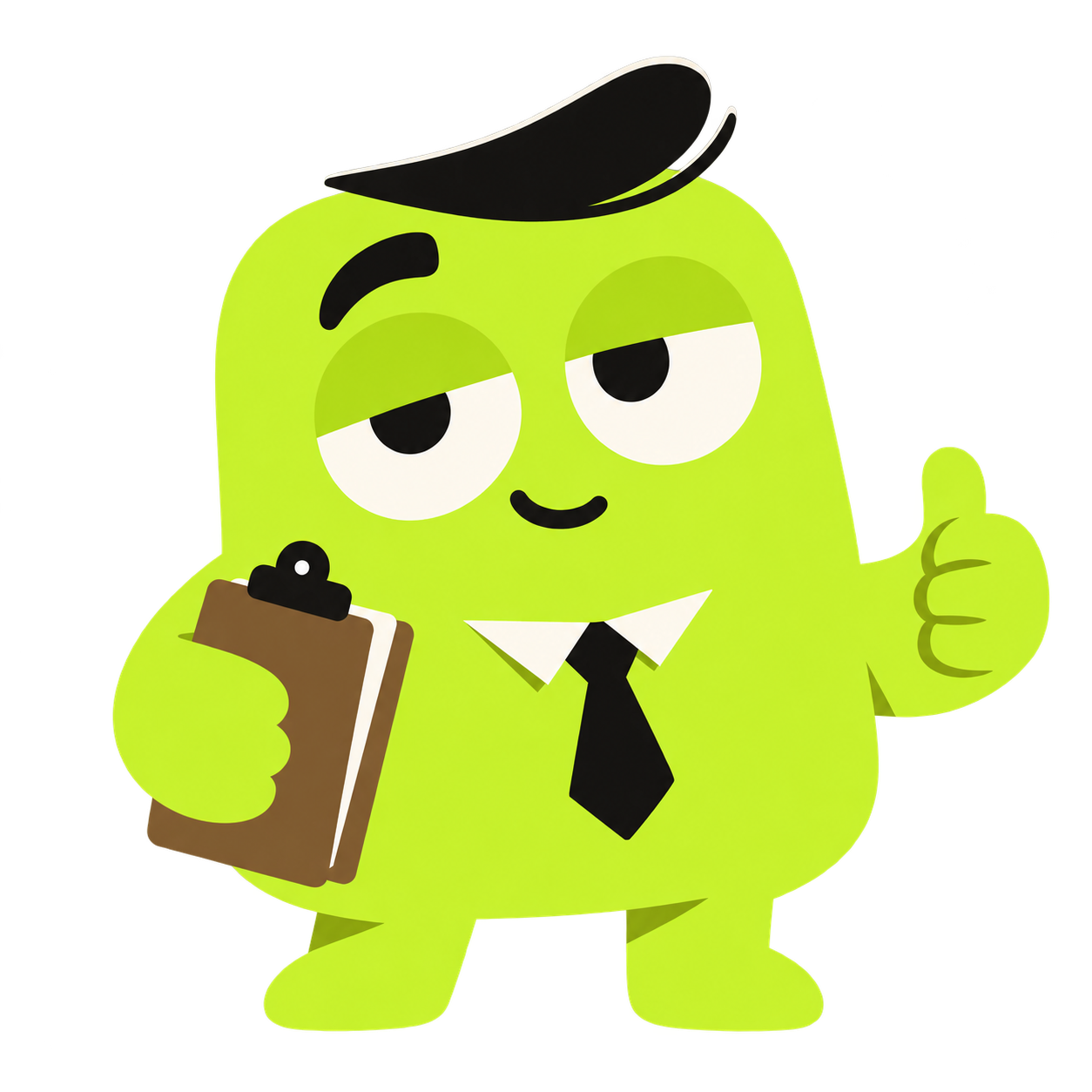 Randy, a sleepy lime manager, gives a thumbs-up with clipboard in hand.